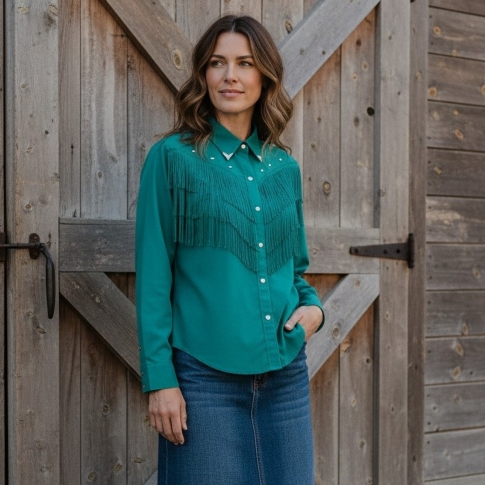 Vintage Teal Fringe Button-Down Shirt